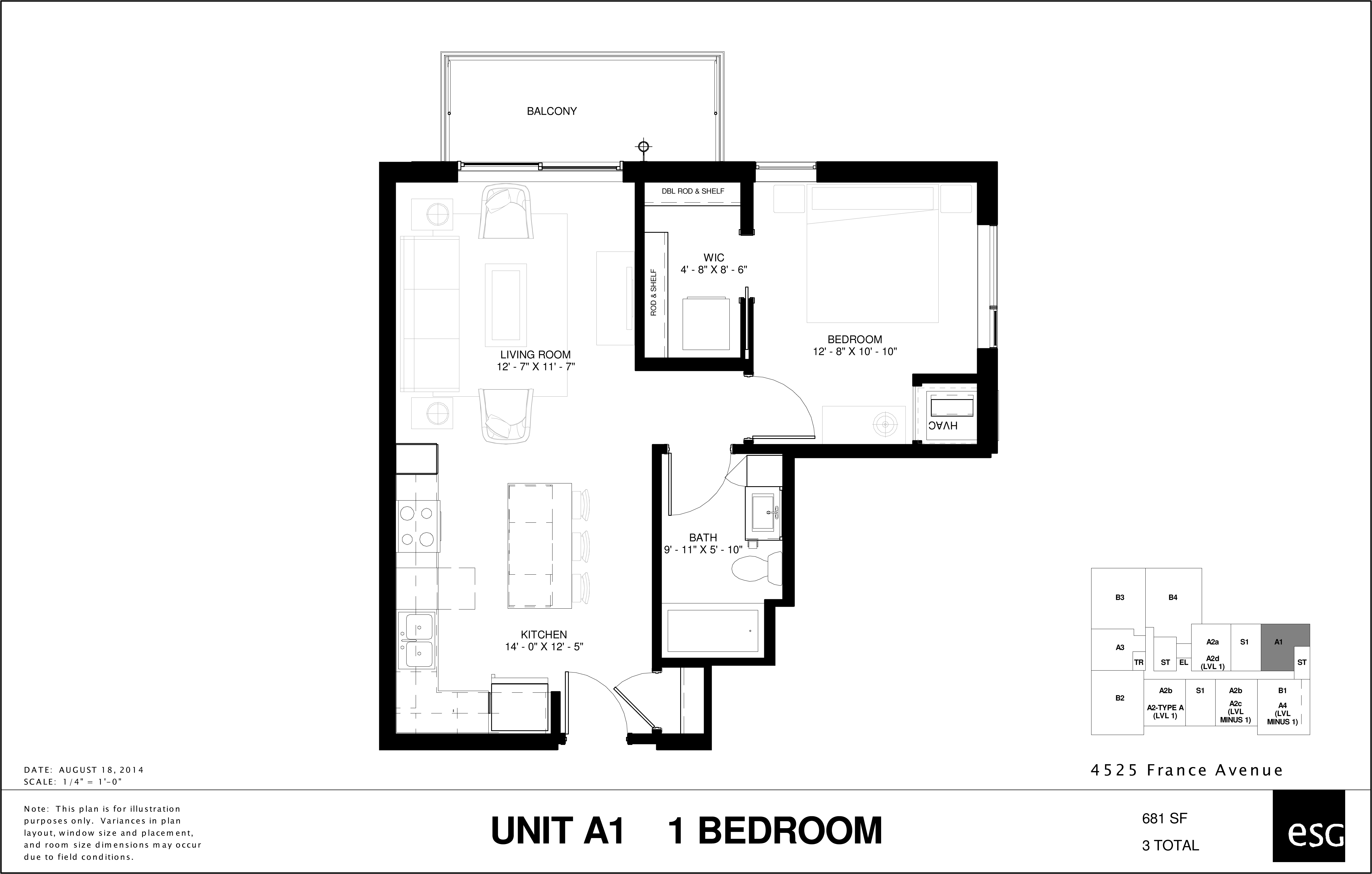 Floor plan for 1 bed, 1 bath, 693 sqft